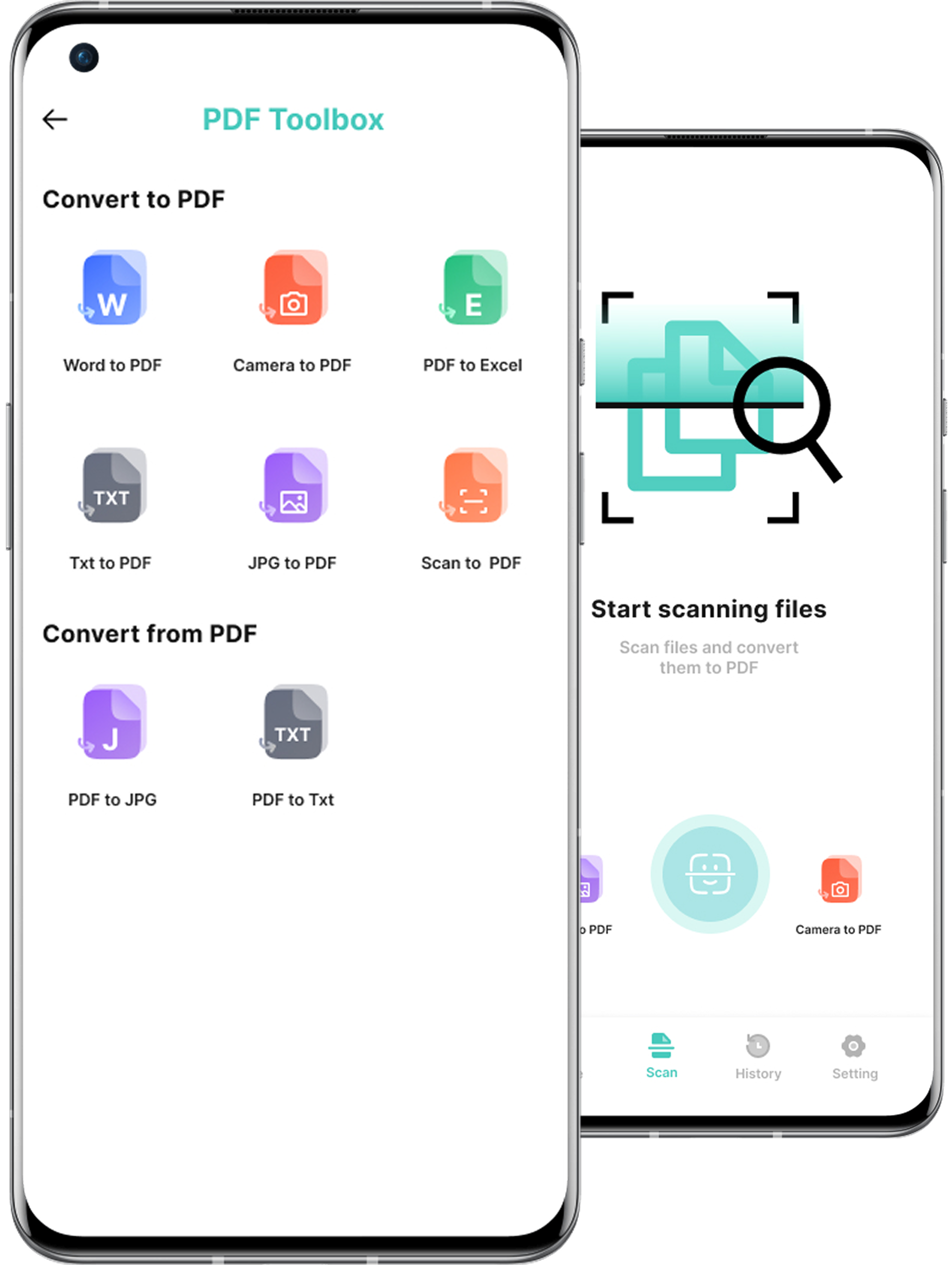 PDF Toolbox and scanning screens shown on two phones